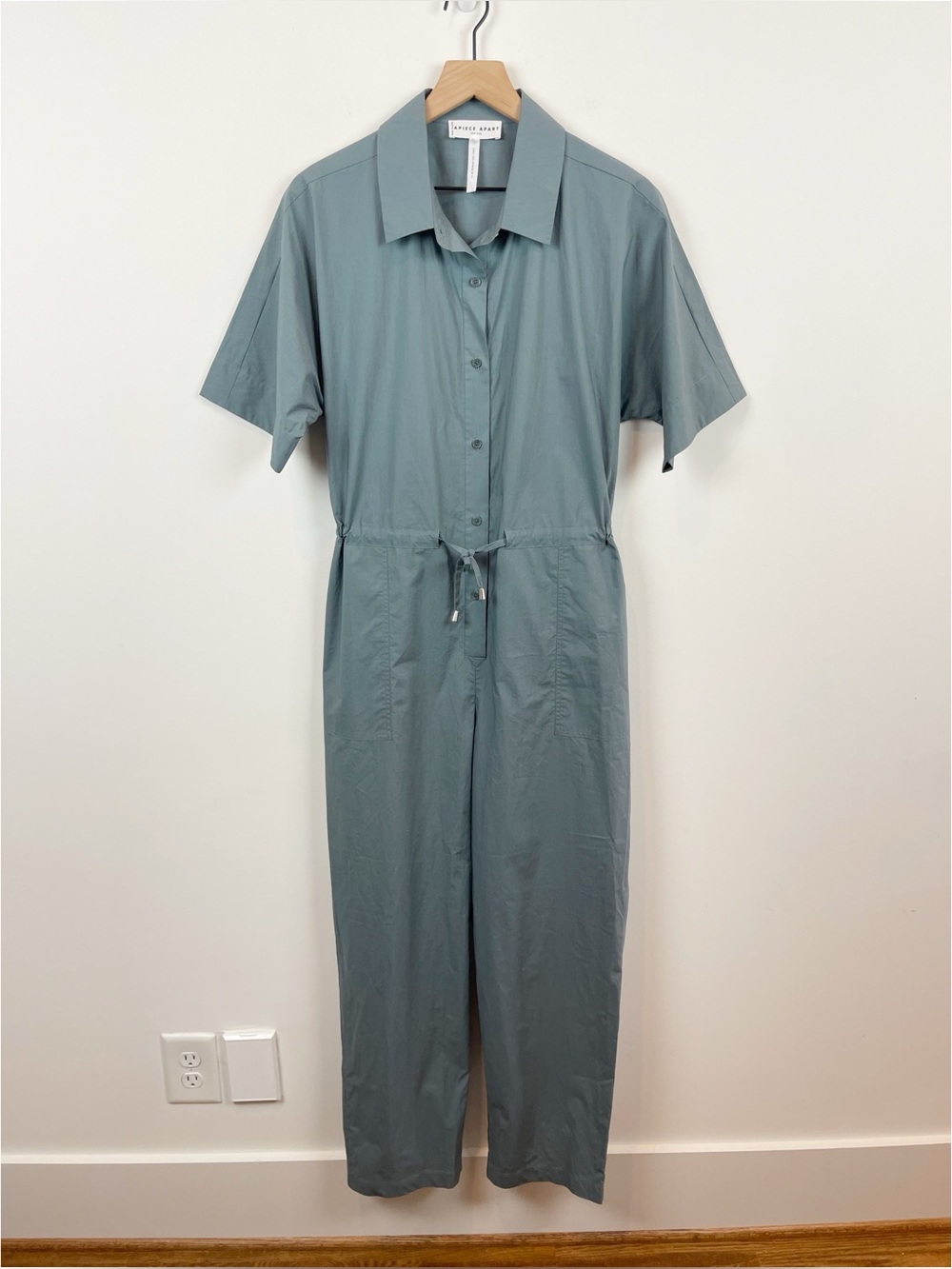 Apiece Apart Slate-Blue Short Sleeve Drawstring Jumpsuit Cut Out Back